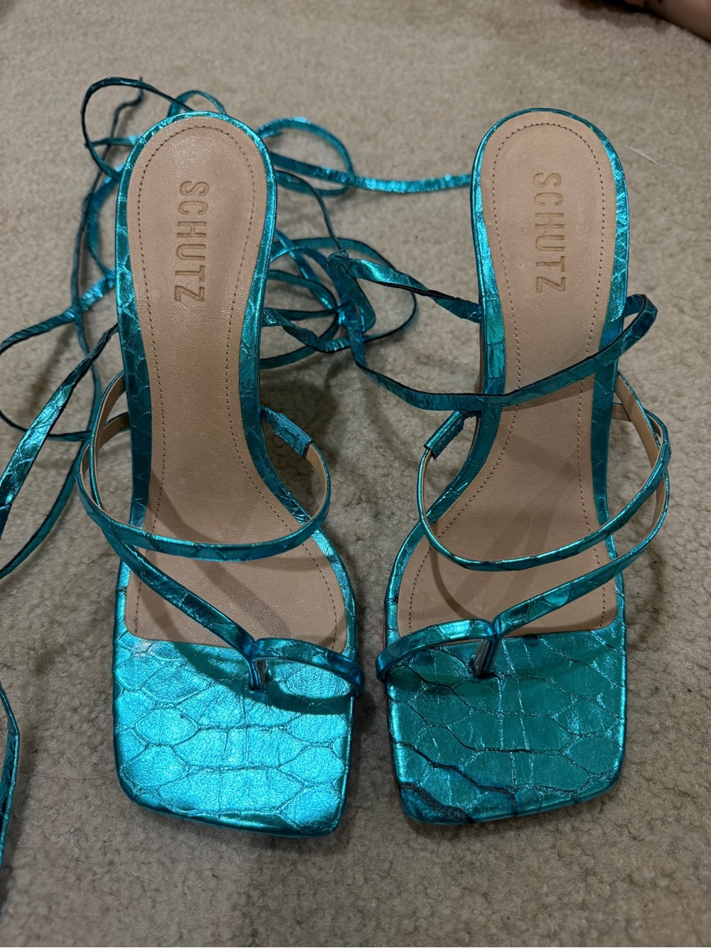 SCHUTZ Metallic Teal Lace-Up Square-Toe Heels